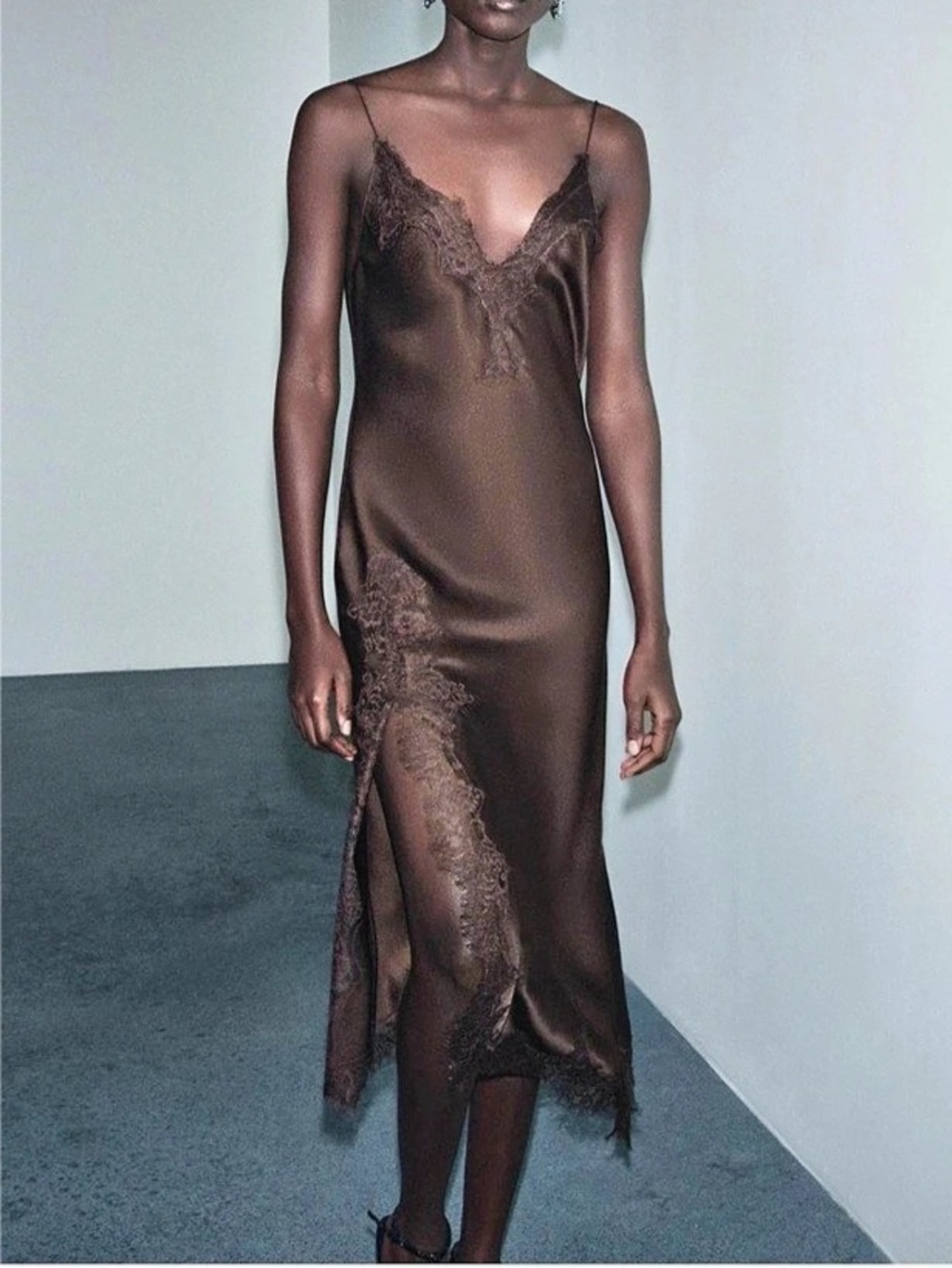 New with tags! Zara Asymmetric Satin Effect Lace Brown Dress